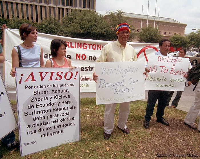 Presidents of the Amazon Federations of Ecuador and supporters held a press conference/demonstration outside the Galleria offices of Burlington Resources to reject officially any oil exploration or development activity in the Block 24 area of the Ecuadorian Amazon.