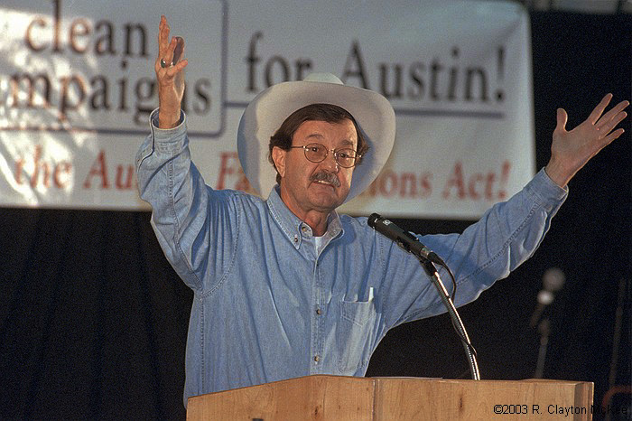 Texas populist and political activist Jim Hightower on stage before a capacity crowd of about 5500 in the Tony Burger center.  Hightower, who was one of the headline speakers at Ralph Nader's Democracy Rising! rally, announced his own series of rallies to come.