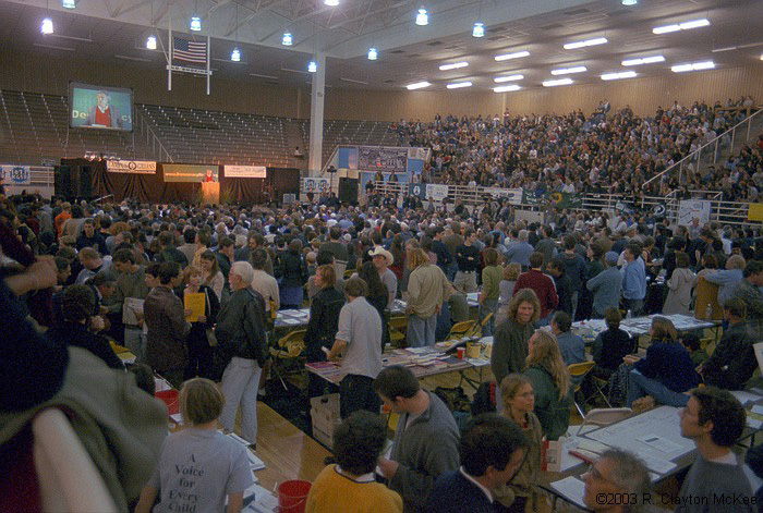 A capacity crowd of approximately 5000 political activists, progressives, Green Party stalwarts, and just plain folk crowded into Austin's Tony Burger center for an evening of speeches and music.  Ralph Nader, Jim Hightower, and Molly Ivins provided the speeches; Jackson Browne and Patti Smith headlined the musical side. Activist and interest groups from around the state distributed information and sold books and supplies.