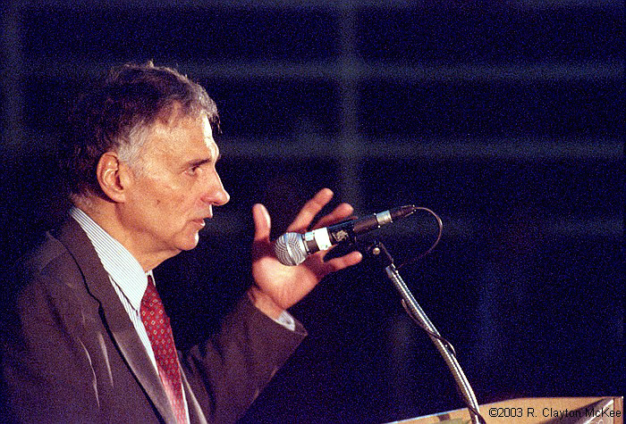 Consumer Advocate and Presidential Candidate Ralph Nader speaks to  about 5500 supporters crammed into Austin's Tony Burger Center for a Democracy Rising rally.  Nader was both the organizer and the keynote speaker for the event, which drew political activists of various flavors from all over the state.